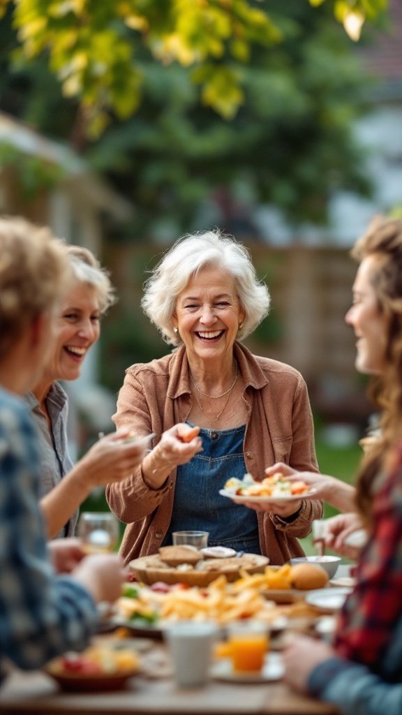 A cheerful group of women enjoying a meal together outdoors, laughing and sharing food.