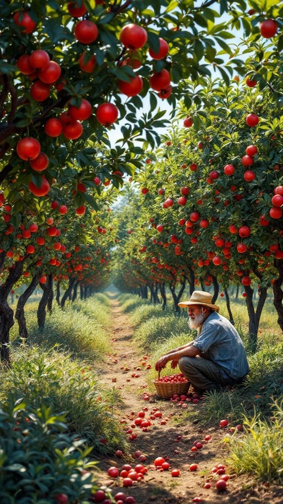 An older man collecting ripe pomegranates in a lush orchard