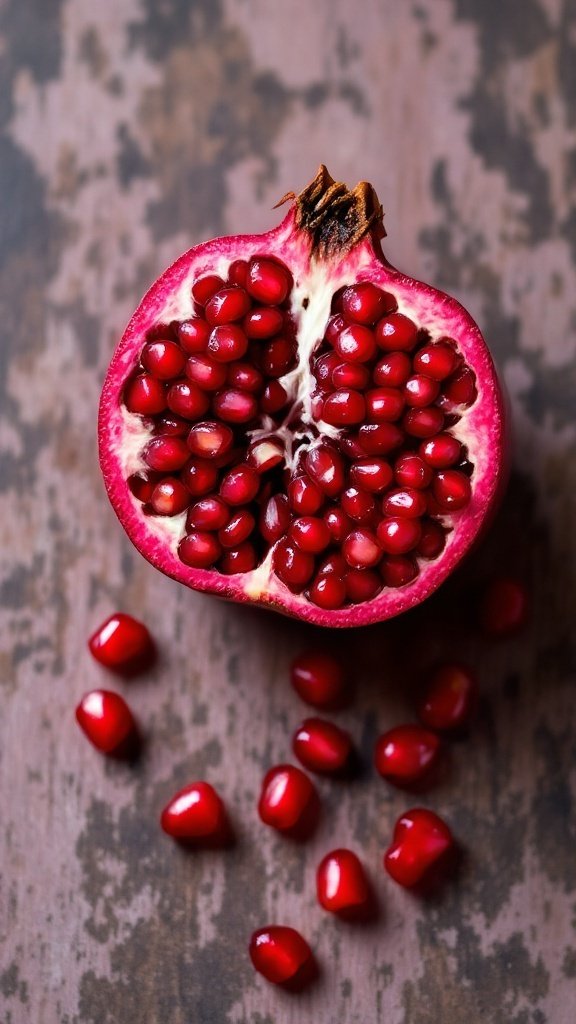 A cut pomegranate showcasing its vibrant red seeds