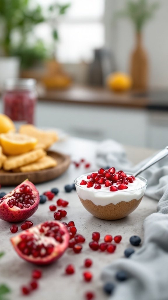 A delicious yogurt parfait with pomegranate seeds, granola, and fresh fruits.