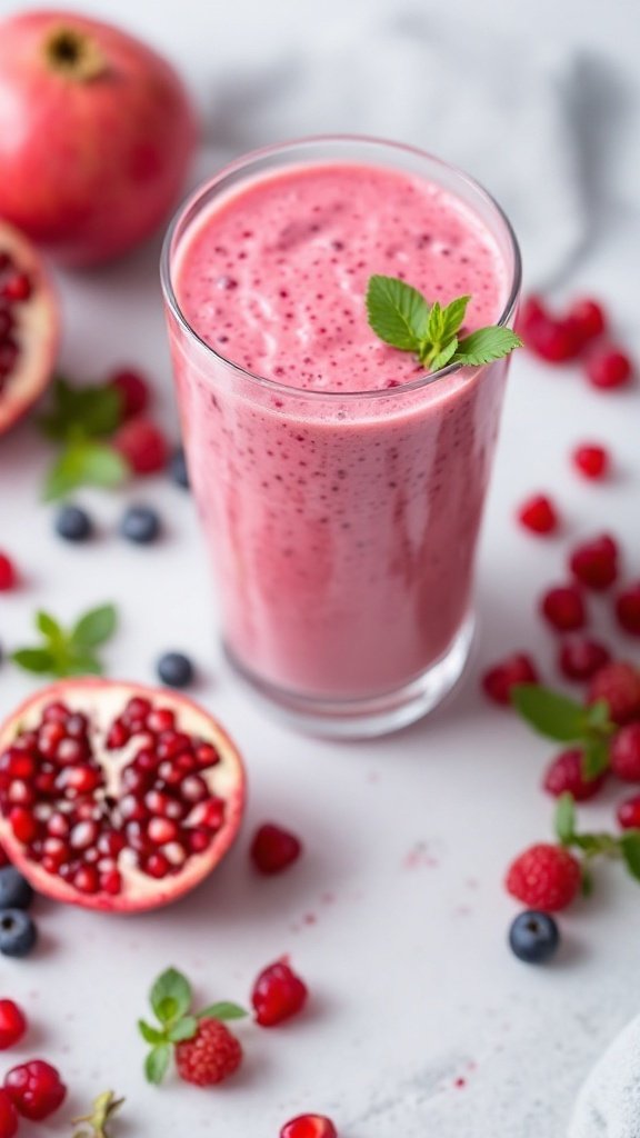 A refreshing pomegranate smoothie in a glass surrounded by fresh pomegranates and berries.