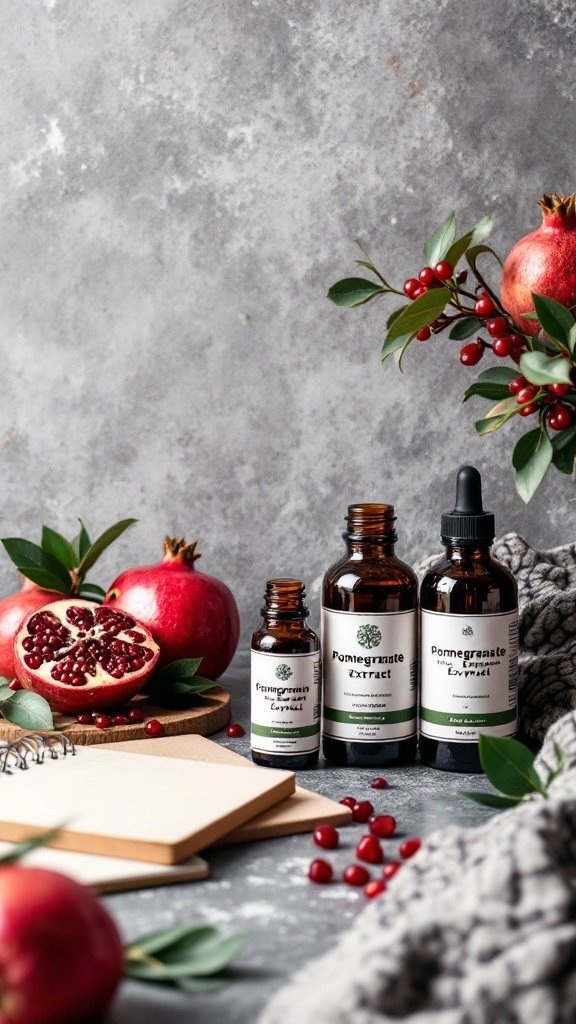 An arrangement of pomegranate supplements and fresh pomegranates on a textured background.