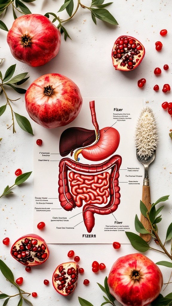 Pomegranates with a diagram of the digestive system