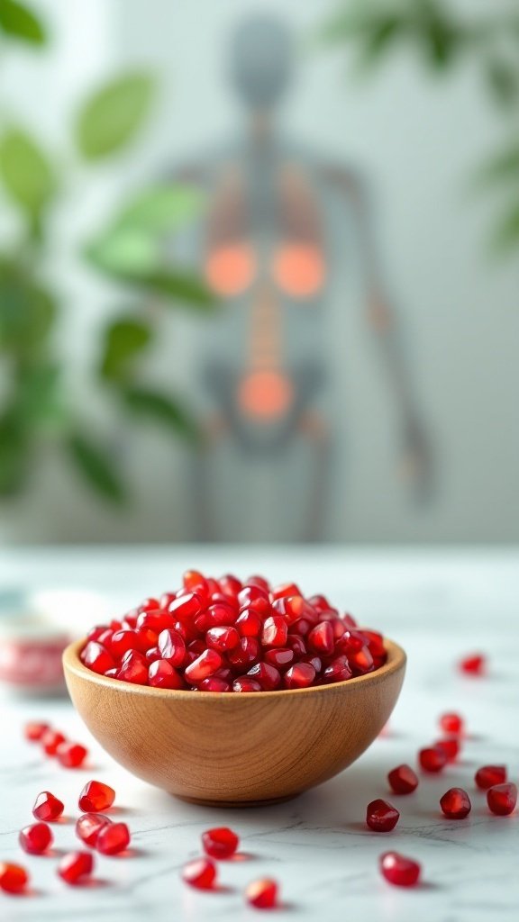 A bowl of pomegranate seeds with some scattered seeds, and a faint outline of a human body in the background.