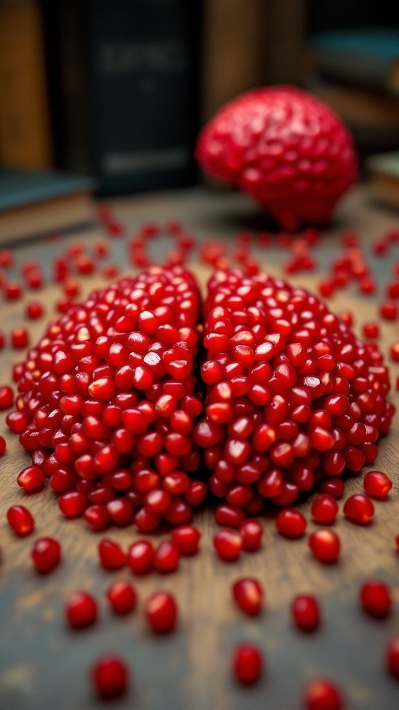 Pomegranate seeds arranged to resemble a brain, symbolizing their benefits for brain health.