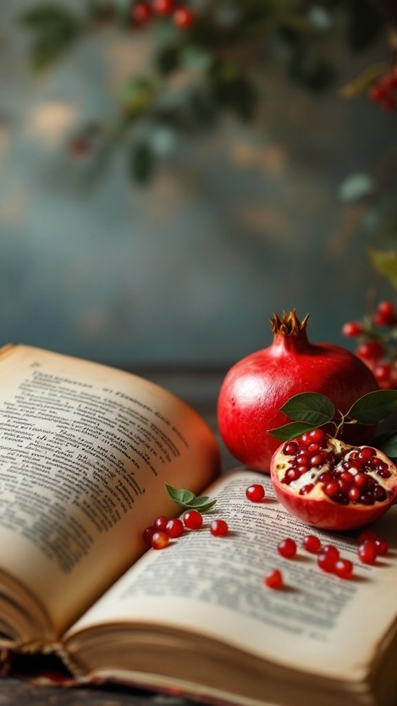 A pomegranate on an open book, depicting its historical significance in traditional medicine.