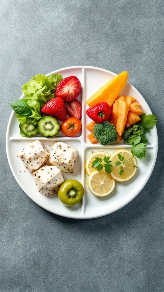A balanced plate of fruits and vegetables arranged in sections for portion control.