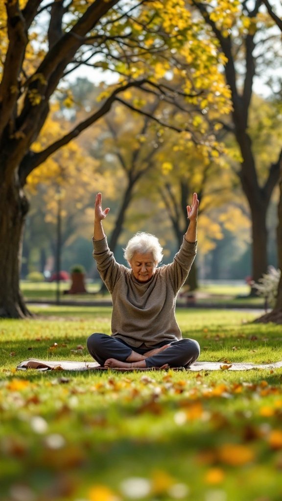 Elderly person meditating outdoors with arms raised, surrounded by autumn trees.