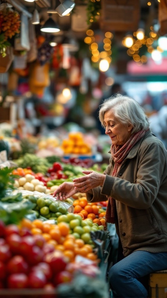 An older woman shopping for fresh fruits and vegetables at a market, emphasizing nutrition for seniors.