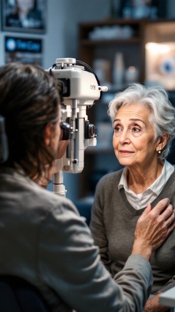A senior woman undergoing an eye exam with a healthcare professional