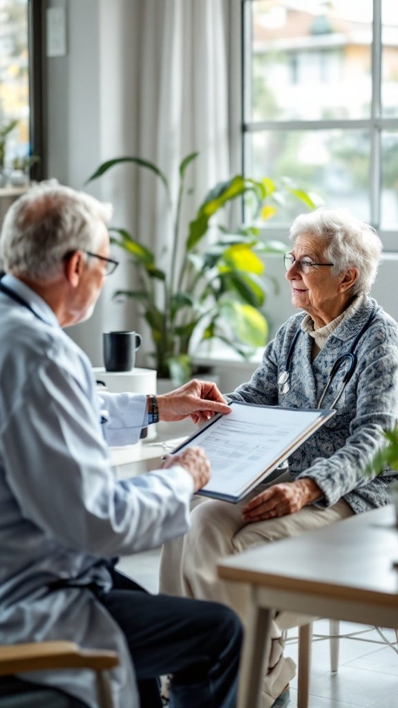 Elderly woman consulting with a doctor during a health check-up in a bright, welcoming office.