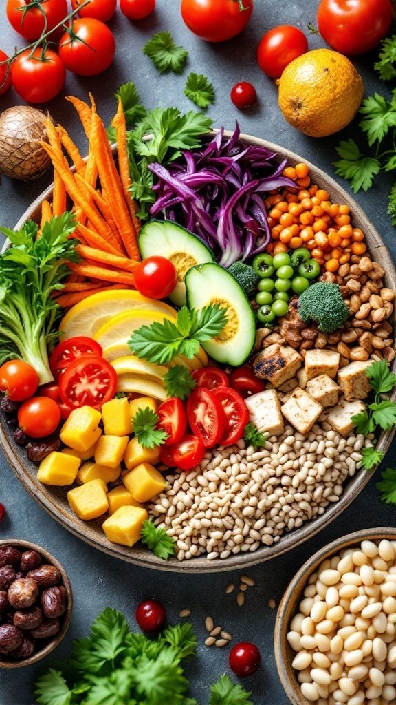 Colorful platter of fresh vegetables, fruits, and proteins arranged neatly.
