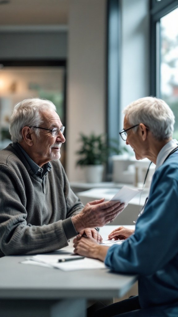 A senior man smiling while discussing with a healthcare provider during a check-up.
