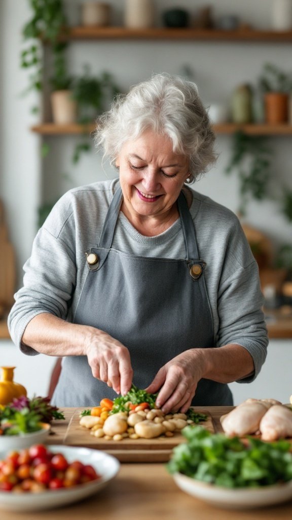 A senior woman chopping vegetables in a cozy kitchen, surrounded by fresh ingredients.
