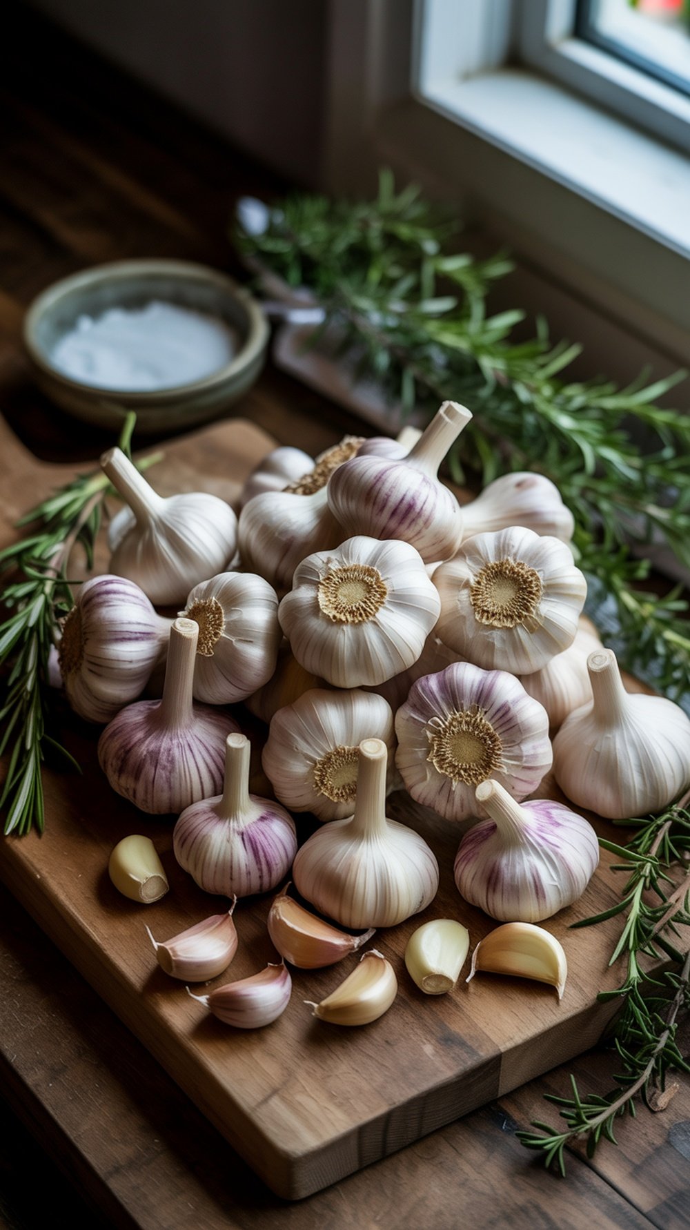 Fresh garlic bulbs and cloves on a dark surface with herbs.
