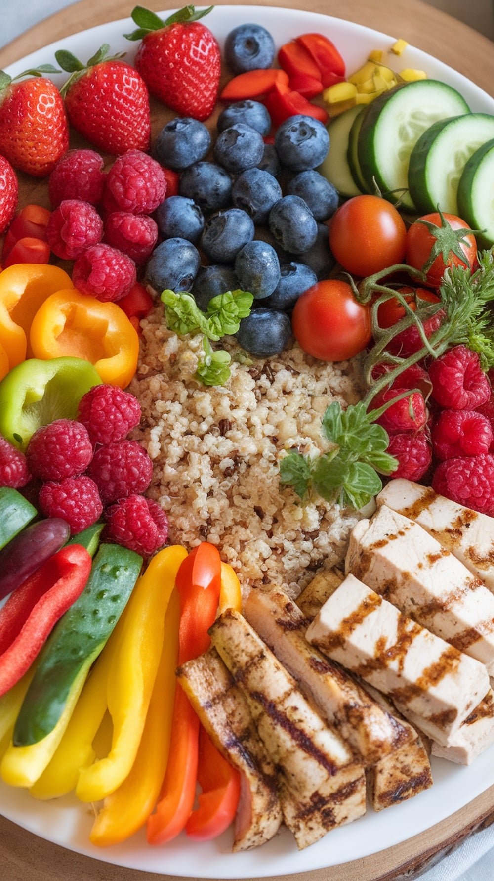 An array of fresh fruits, vegetables, and whole grains arranged on a pink background, symbolizing balanced nutrition.