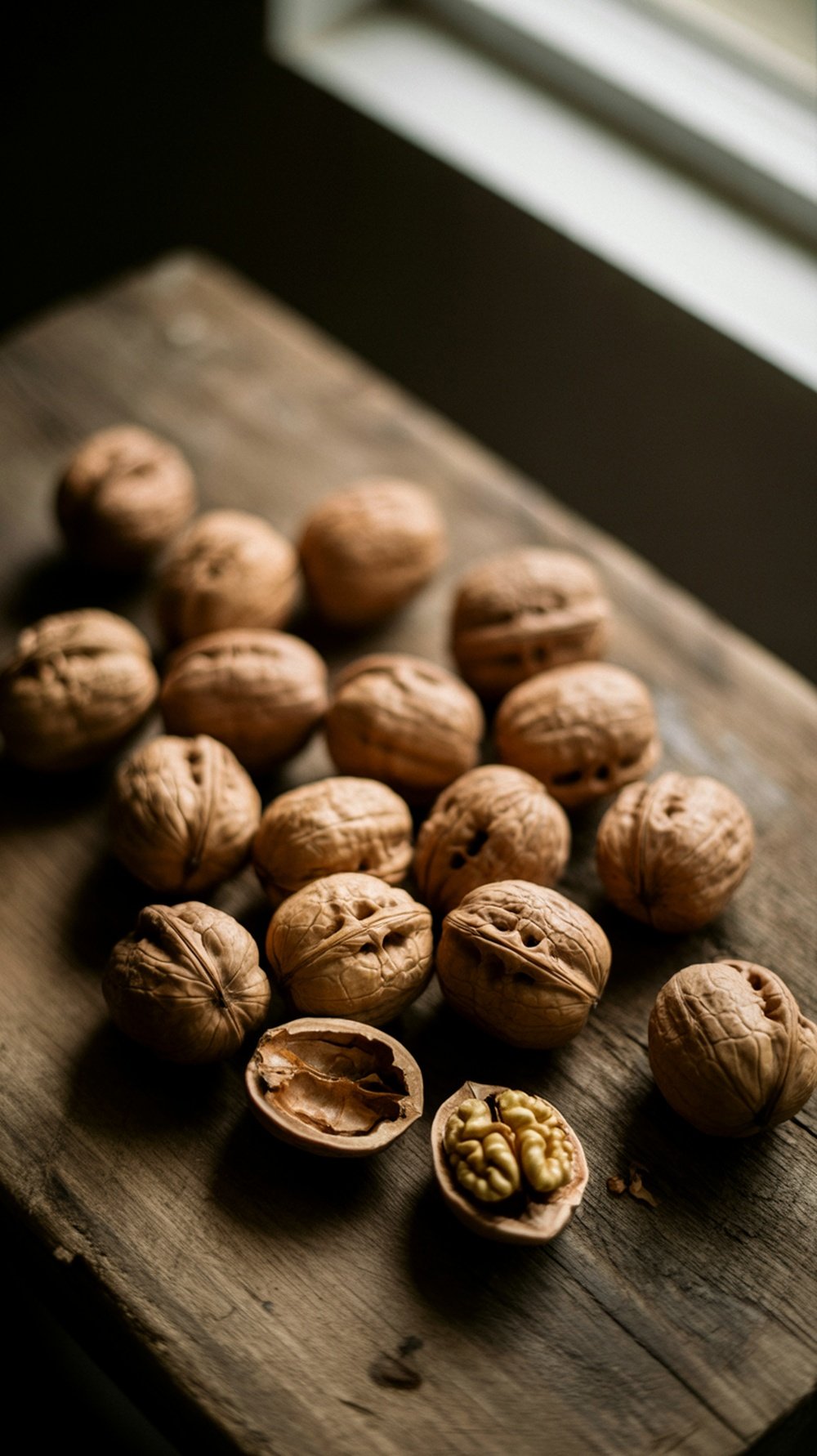 A collection of whole and shelled walnuts scattered on a wooden surface