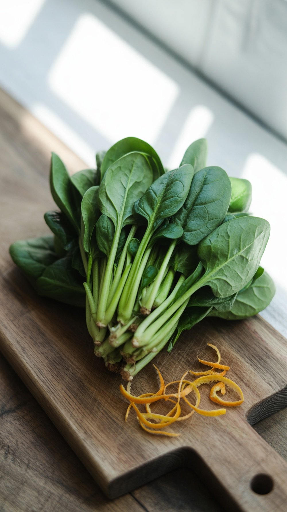 Fresh spinach leaves on a wooden cutting board