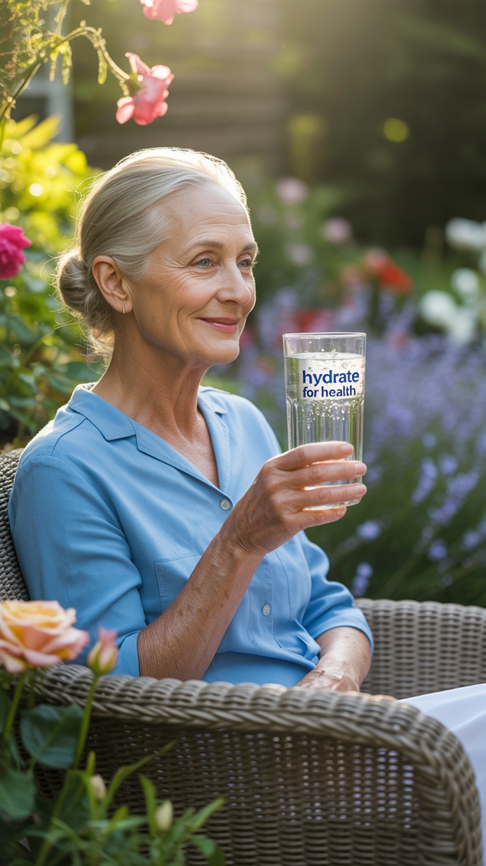 A senior woman holding a glass of water, emphasizing hydration.