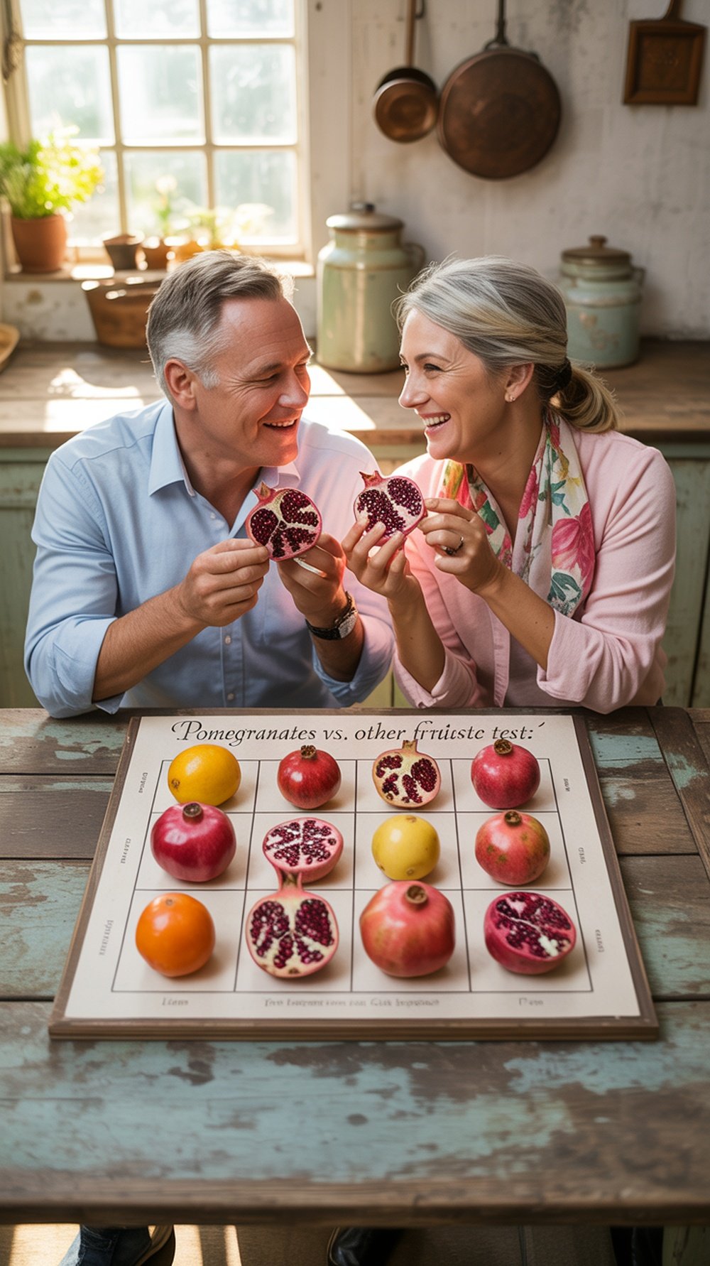An assortment of fruits including pomegranates and their names in a creative layout