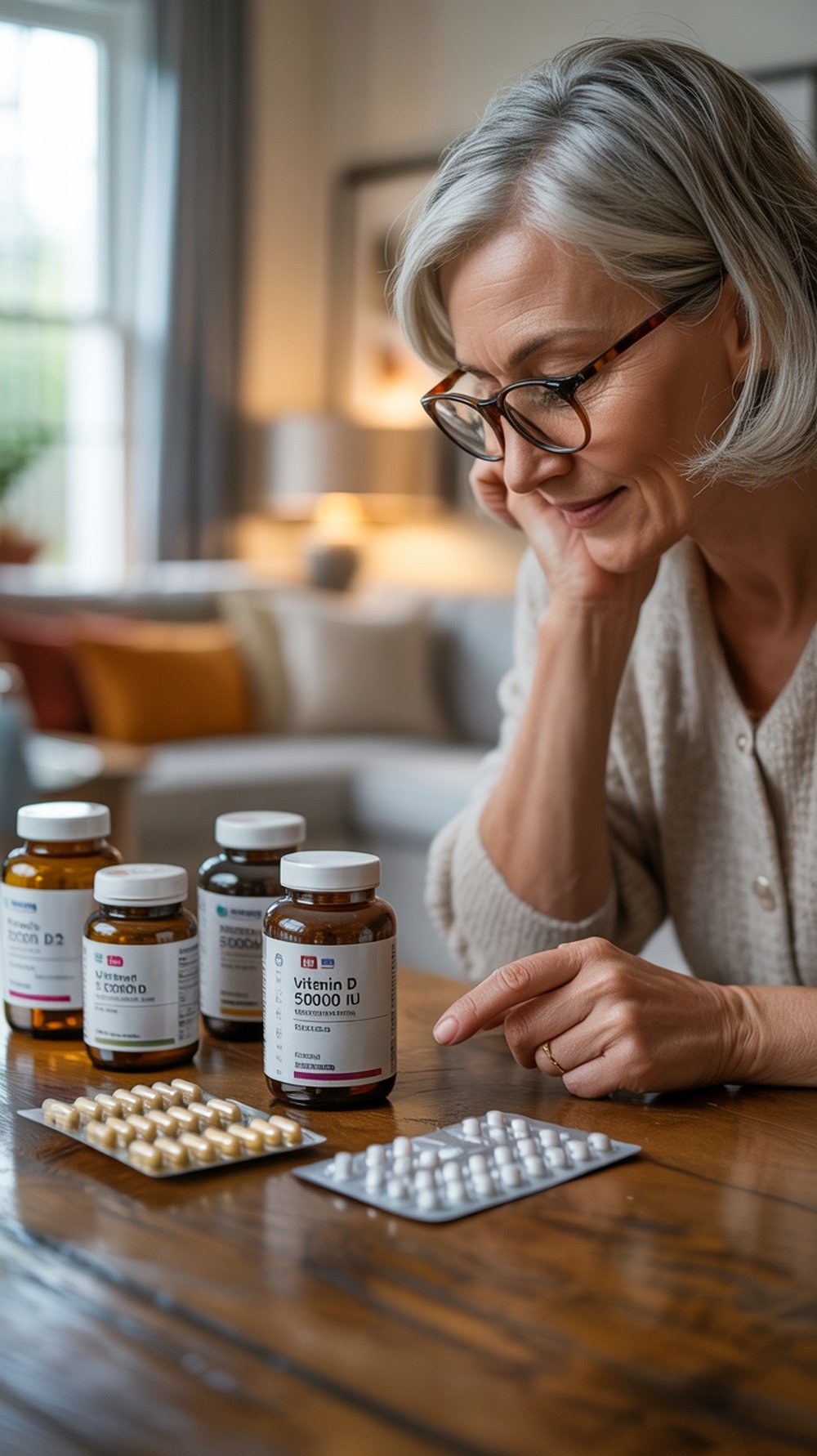 Various bottles of dietary supplements on a wooden table