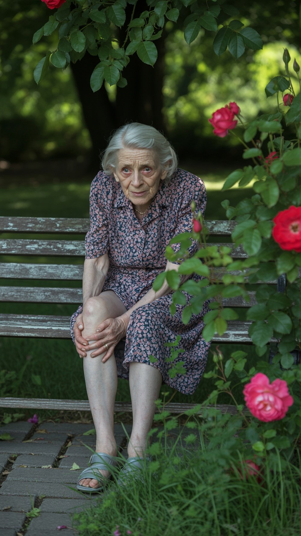 An elderly man sitting on a bench in a park, looking down, possibly experiencing discomfort related to arthritis.