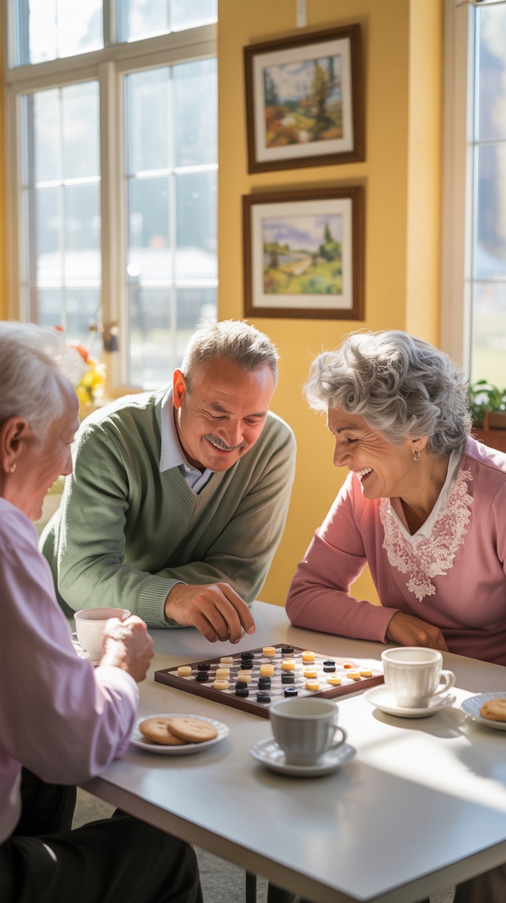 A group of seniors engaged in a social activity, smiling and interacting with each other.