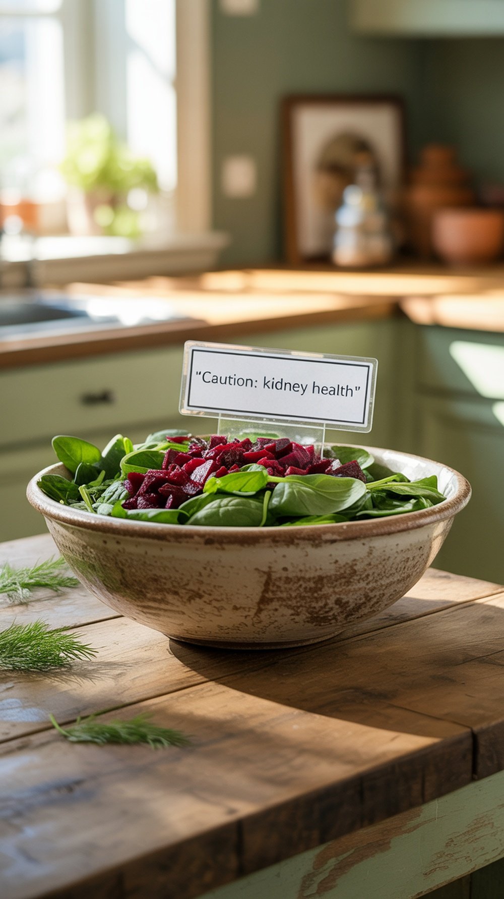 A bowl filled with leafy greens and a kidney-shaped fruit