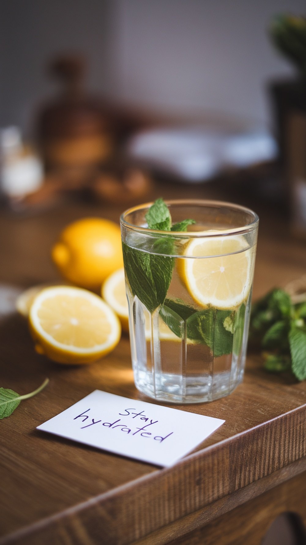 A refreshing drink with lemon and mint on a wooden surface, accompanied by a sign about hydration.