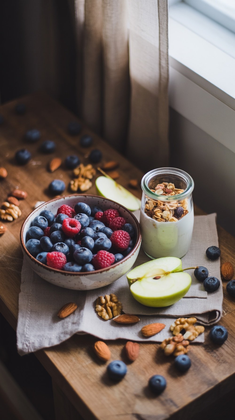 A variety of healthy snacks including strawberries, nuts, and yogurt arranged on a gray surface.