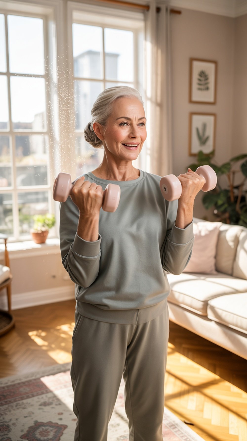 An older man exercising with dumbbells in a bright living room