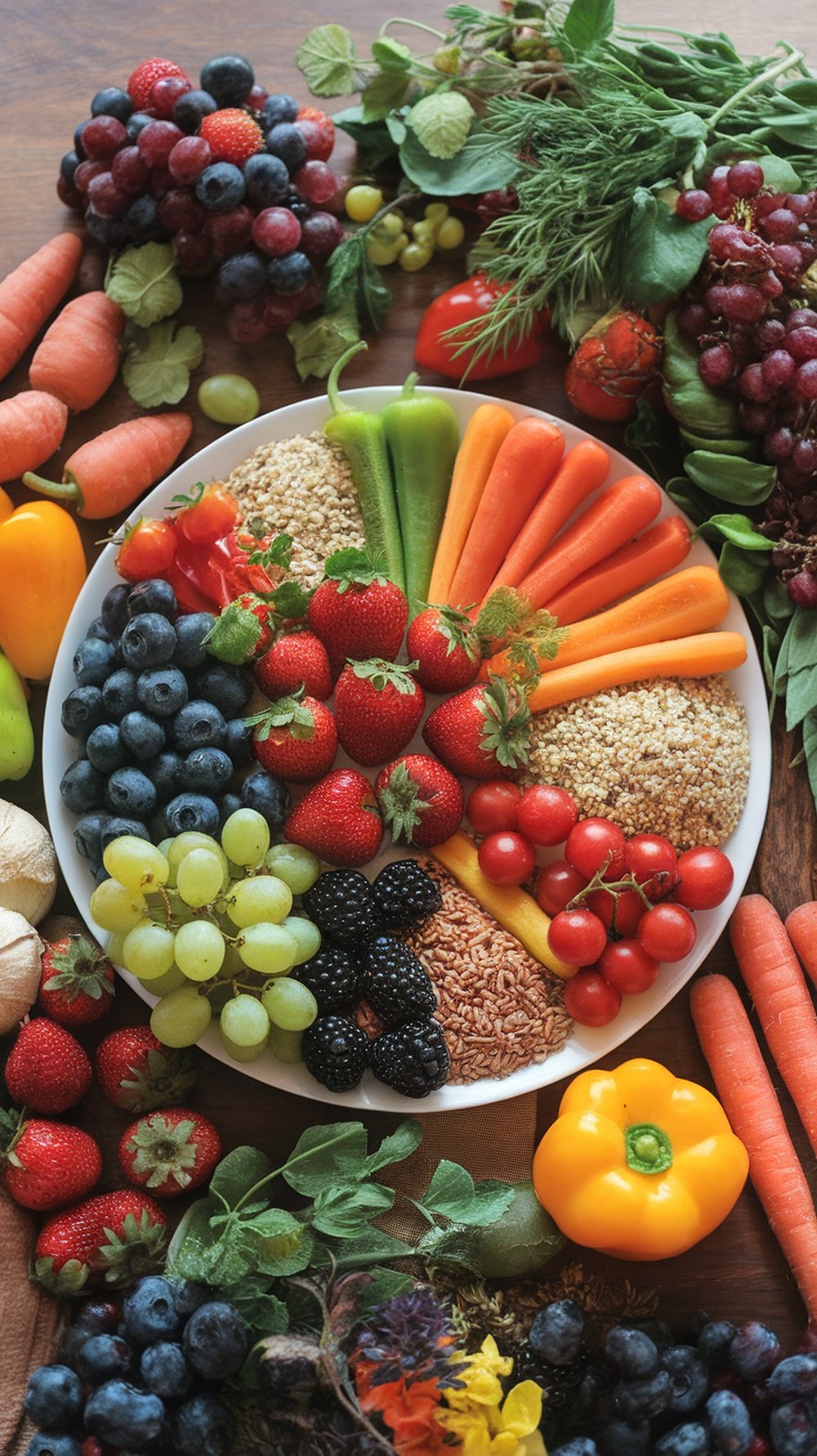 A colorful assortment of fresh fruits, vegetables, nuts, and seeds arranged on a white background.