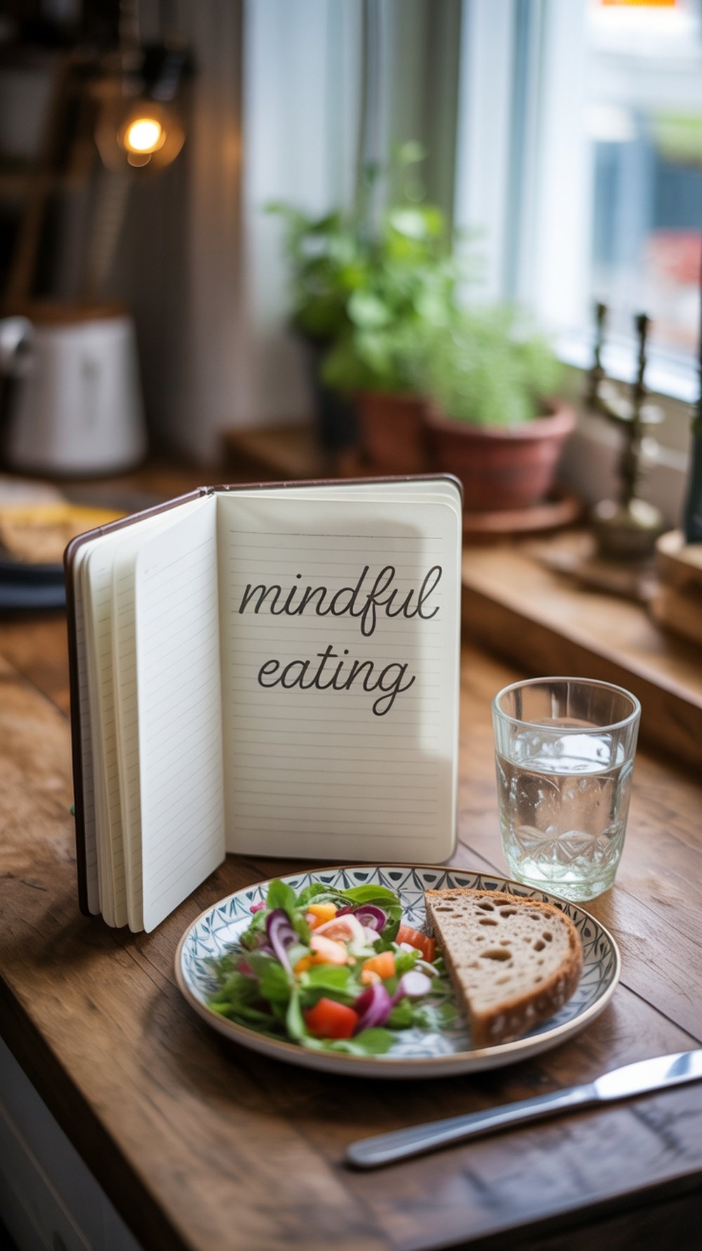 A cozy table setting featuring a notebook with 'mindful eating tips', fresh ingredients like lemon and a colorful salad, and flowers.