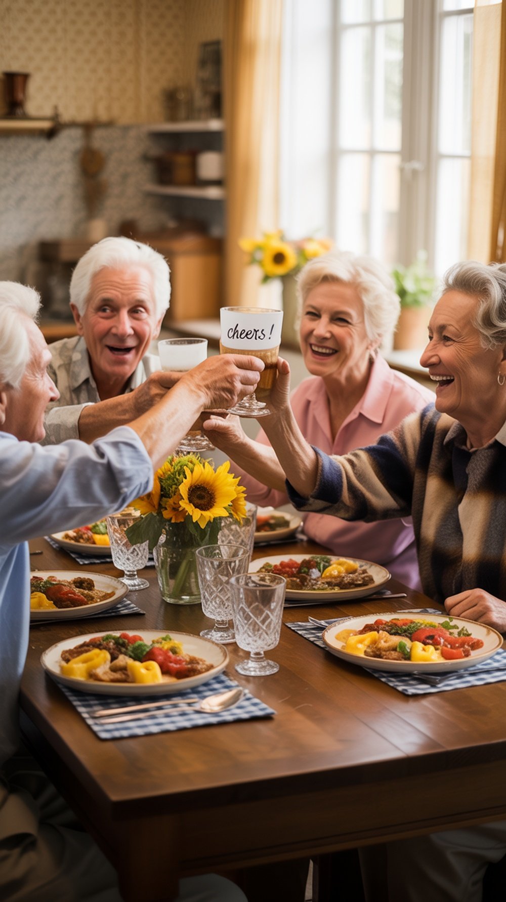 A group of seniors enjoying a meal together, smiling and engaging in conversation.