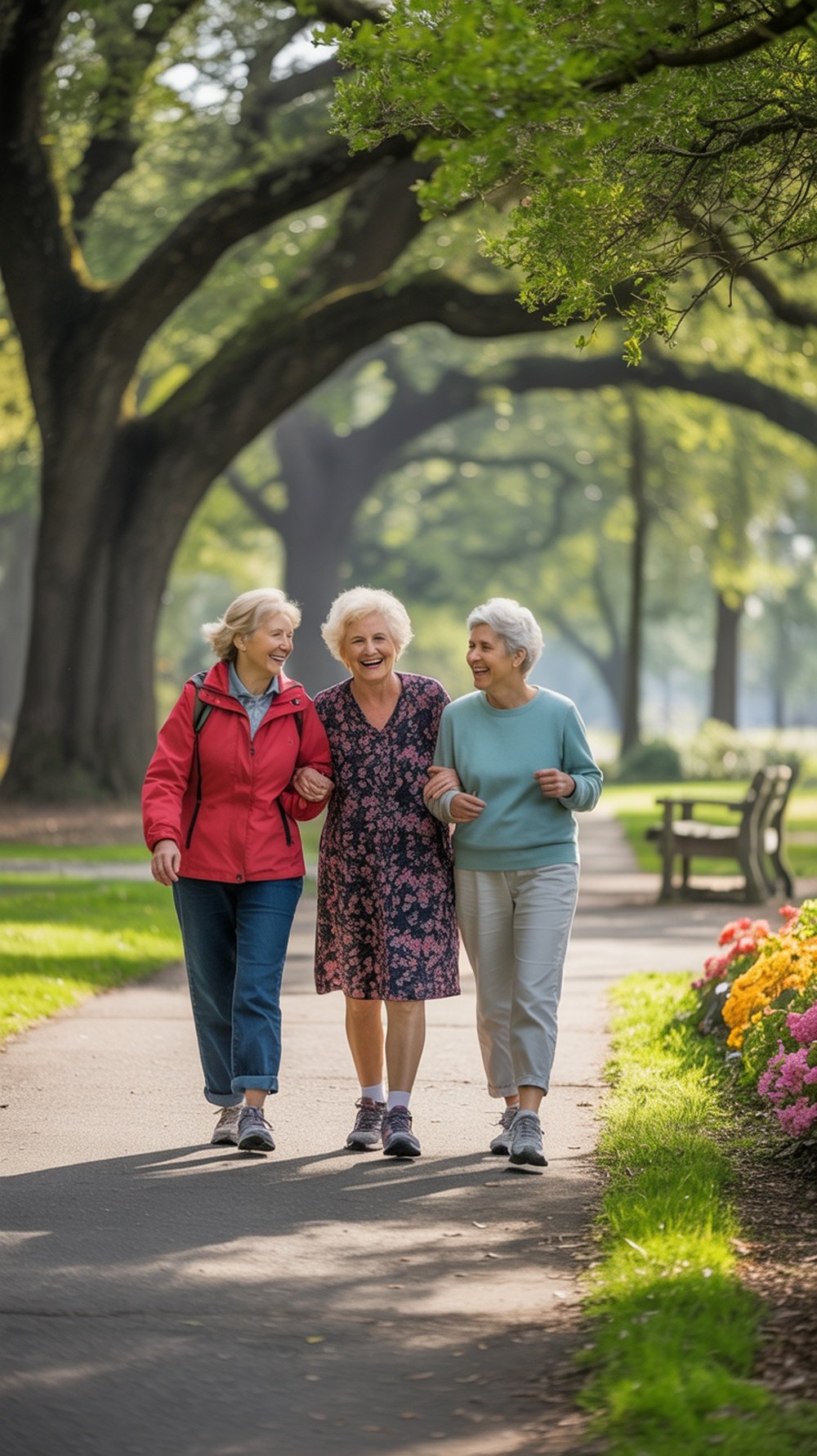 An older couple walking hand in hand with their grandchild in a park during autumn.