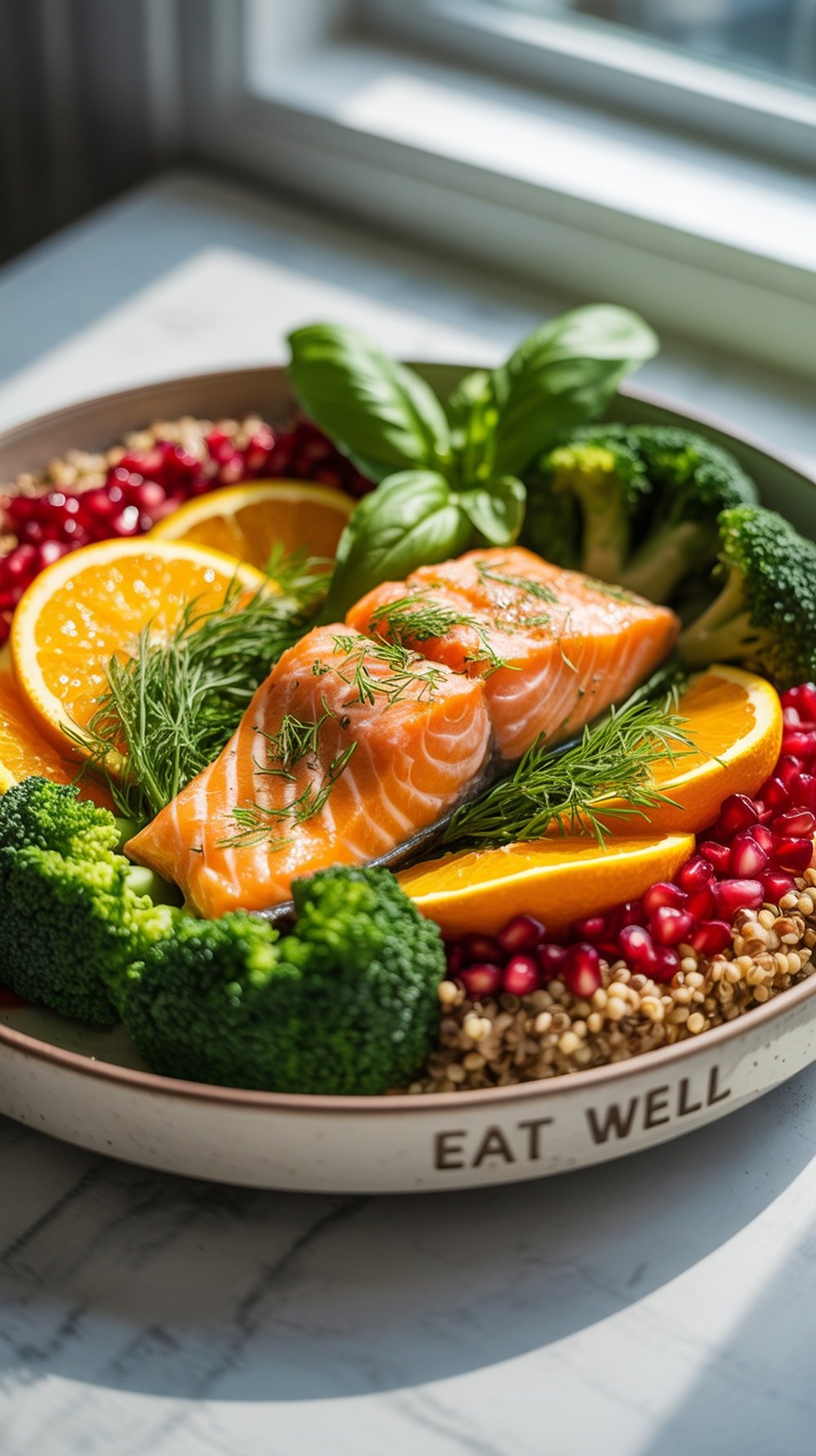 A variety of fresh fruits, vegetables, and seeds arranged on a blue surface, highlighting the importance of nutrition for heart health.
