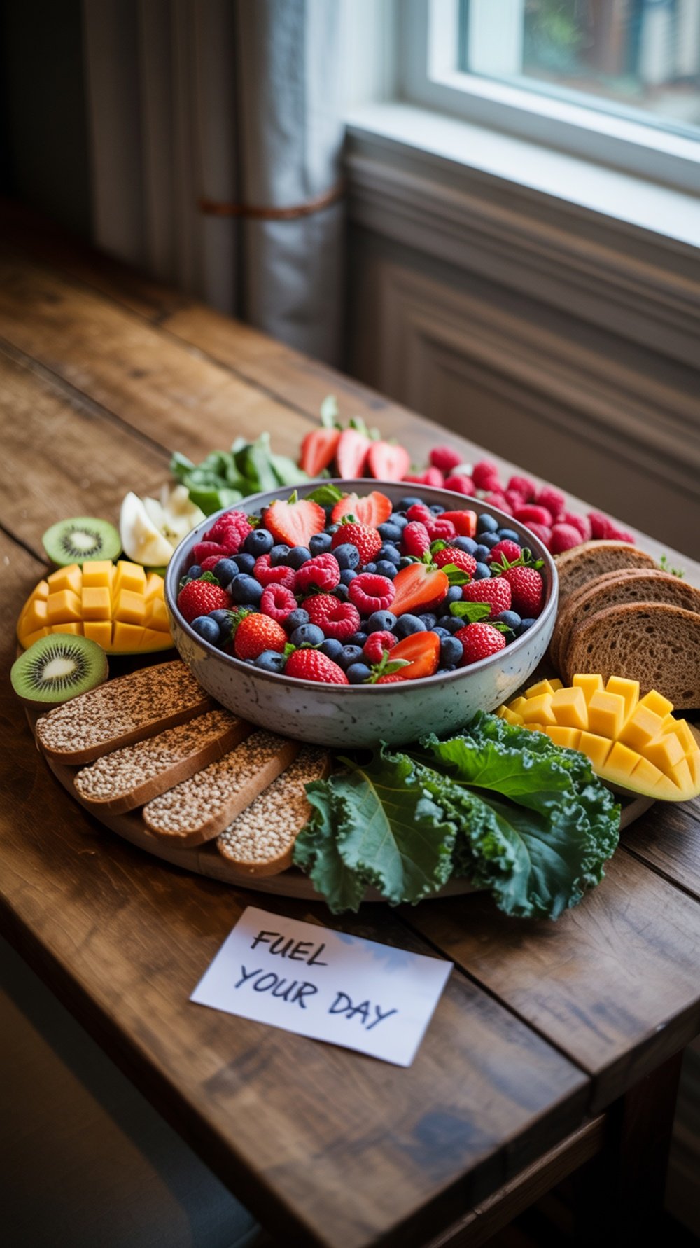 A colorful assortment of fruits, vegetables, nuts, and grains laid out on a table.