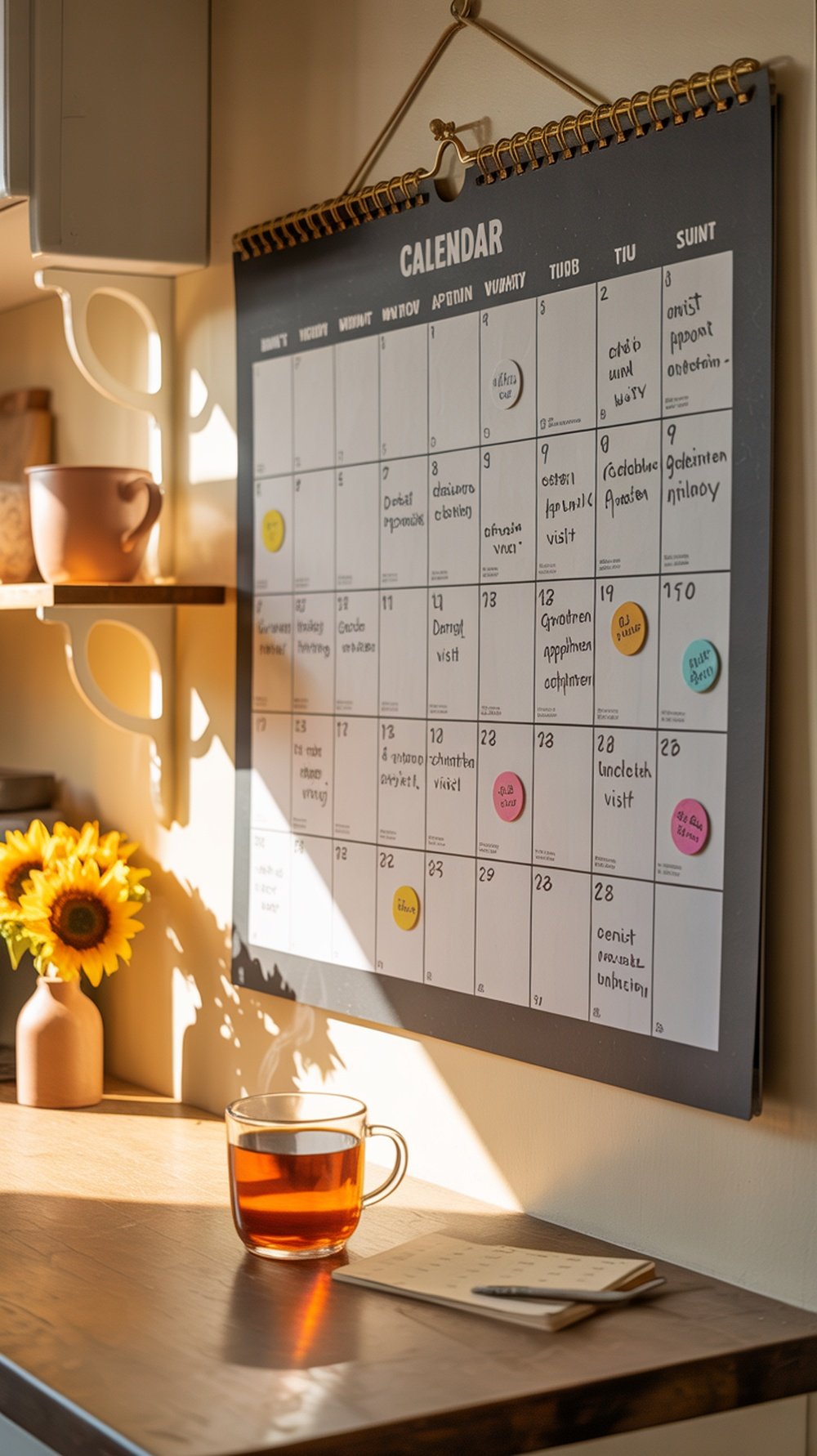A wall-mounted scheduler with blank spaces for notes and reminders, emphasizing the importance of routines.