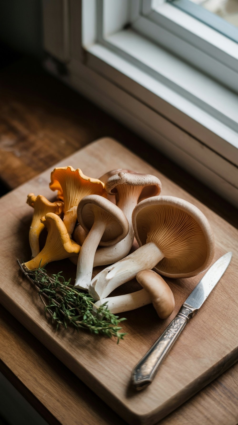 An assortment of fresh mushrooms on a wooden surface with some herbs.