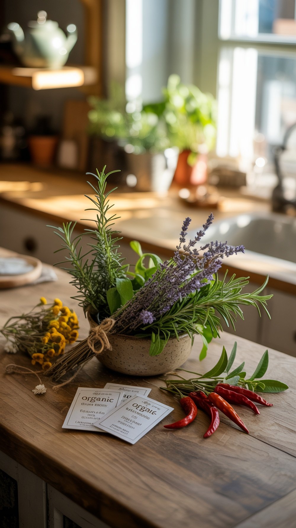 A variety of fresh herbs and spices arranged on a wooden surface, showcasing their colors and textures.