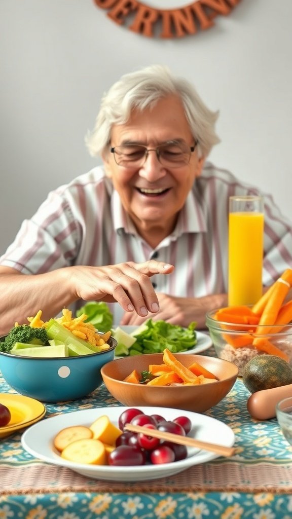 A colorful meal plan for seniors with dietary restrictions, including various meal options.