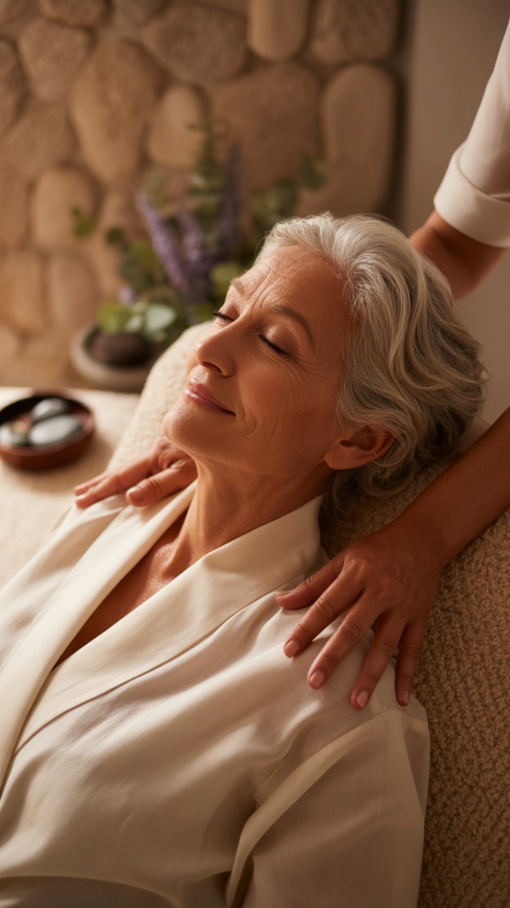 A therapist giving a massage to a senior, surrounded by plants in a calming environment.