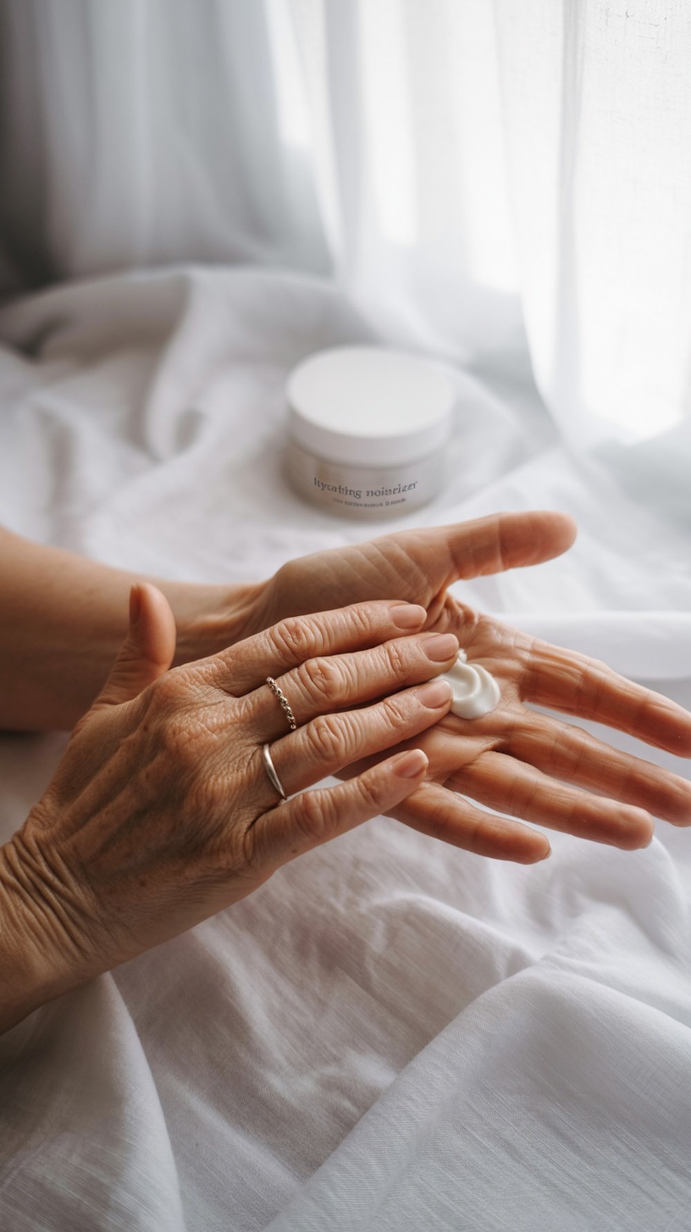 A close-up of an elderly person's hand applying cream, highlighting skin changes and care.