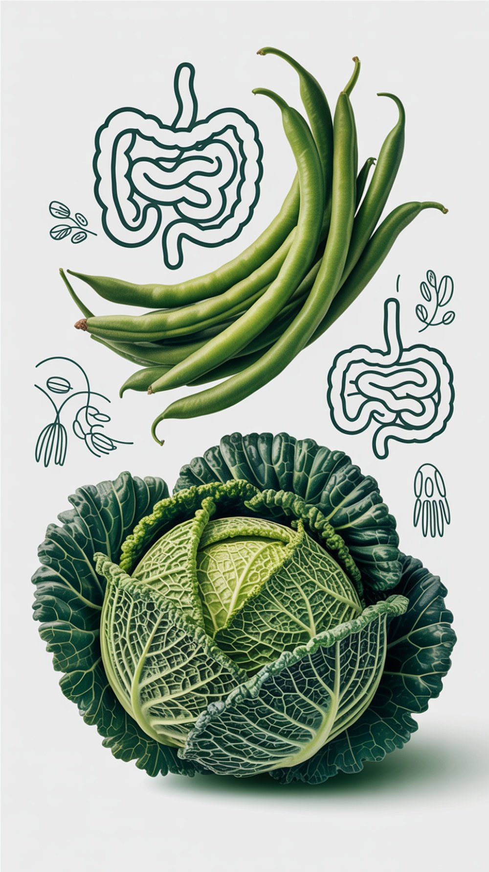 A variety of fresh vegetables arranged on a rustic surface, including leafy greens, beans, and root vegetables.