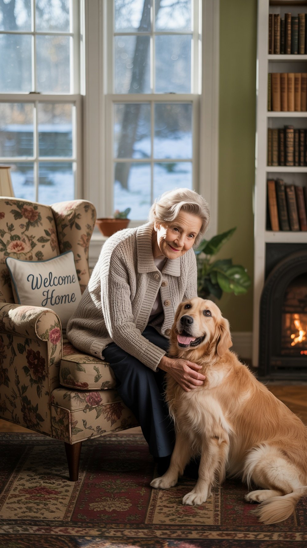 An elderly woman sitting on a couch with two happy dogs, smiling and enjoying their company
