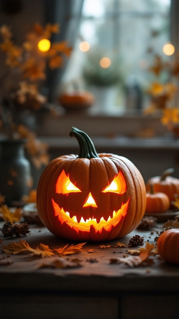 A carved pumpkin with a spooky face, surrounded by autumn leaves and warm lighting.