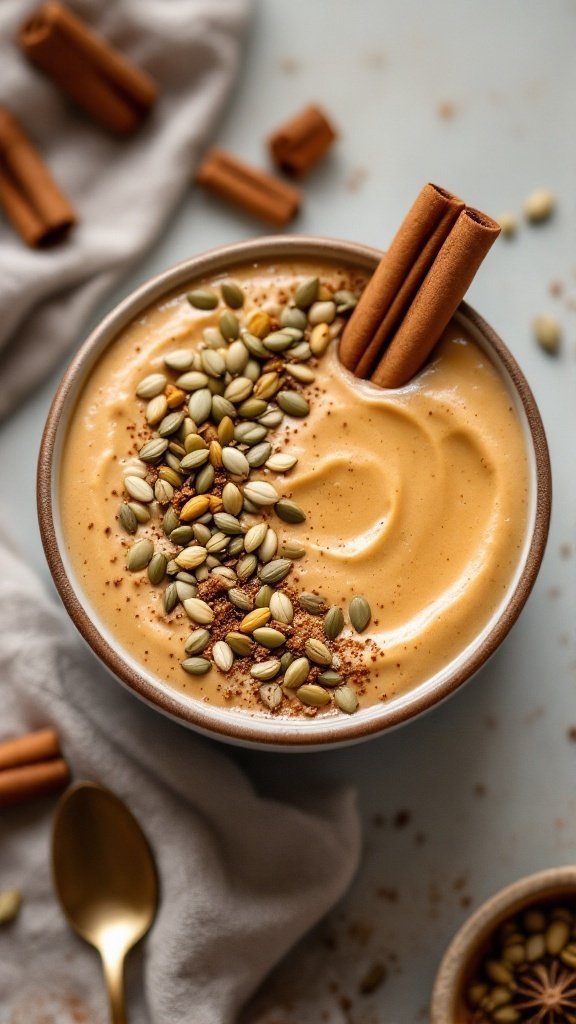 A bowl of Pumpkin Spice Energizer smoothie topped with pumpkin seeds and cinnamon sticks.