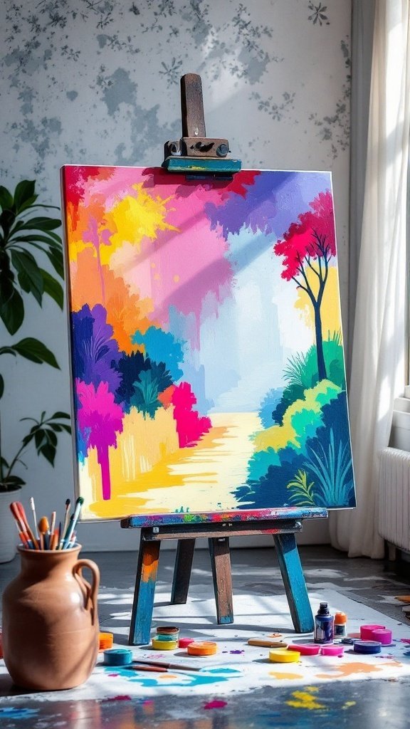 A colorful painting on an easel in a brightly lit room with art supplies scattered around.