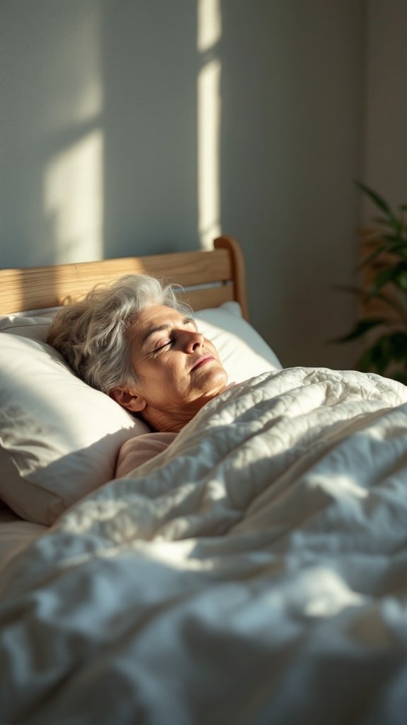 A senior woman peacefully sleeping in a well-lit bedroom, highlighting the importance of quality sleep.