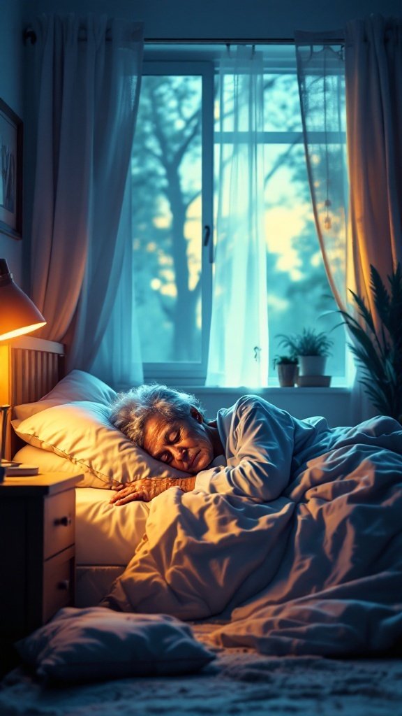 An older adult peacefully sleeping in a cozy bedroom with soft lighting.